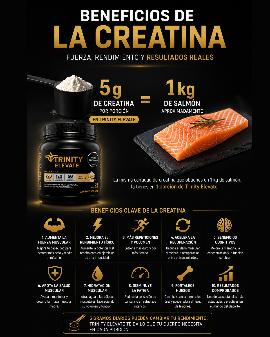 Creatina monohidratada de alta concentración con proteína y colágeno | Trinity Elevate