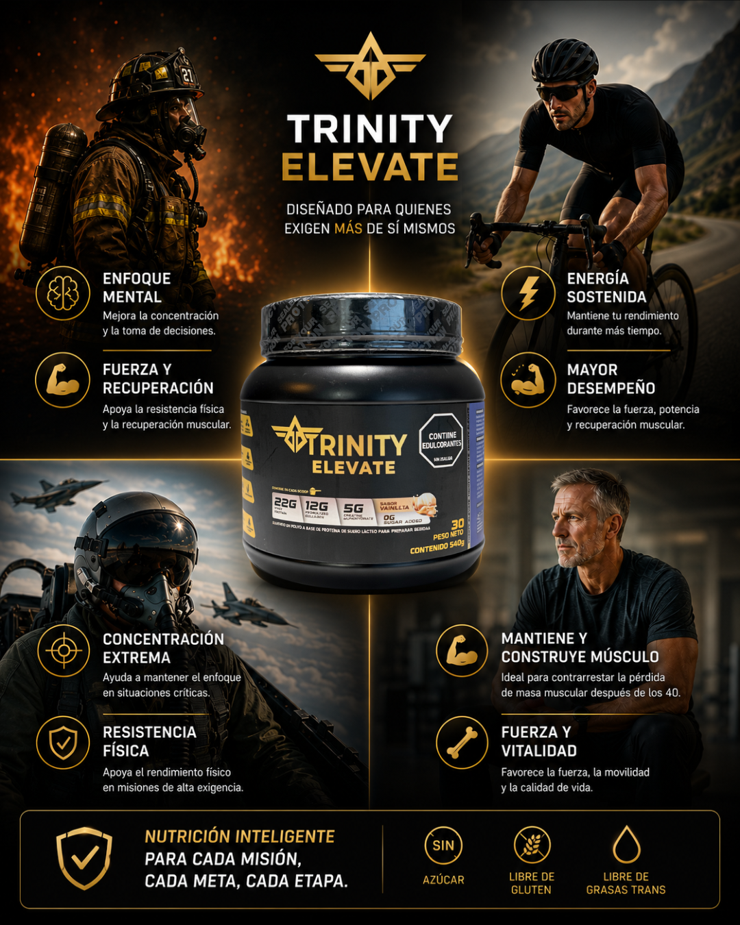Creatina monohidratada de alta concentración con proteína y colágeno | Trinity Elevate
